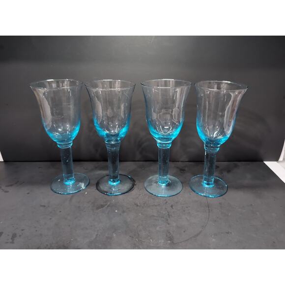 Hand Blown Sky Blue Wine Glasses, Long Stem, Vintage Set of 4, Heavy Glassware - Picture 3 of 9
